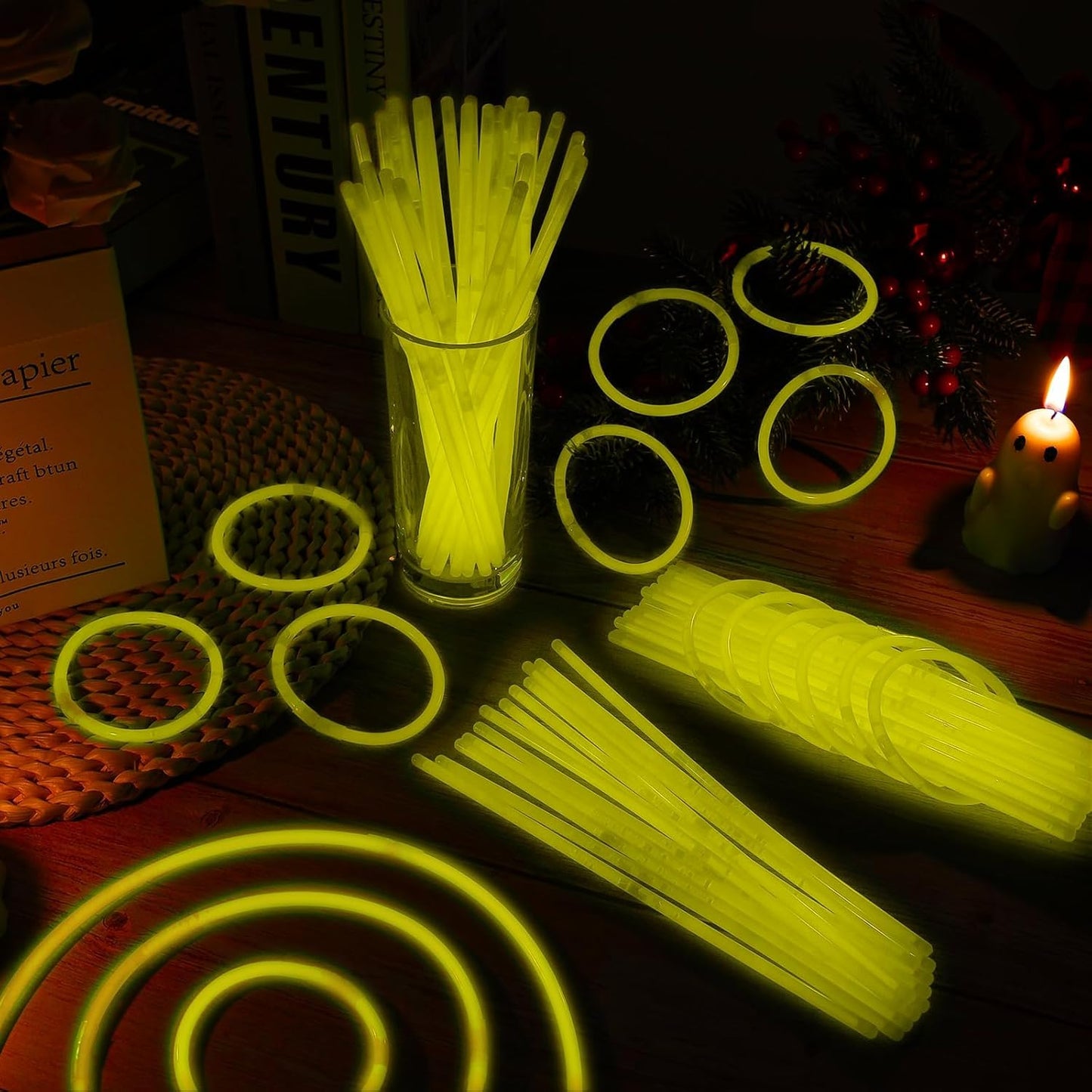 60 Pack 8” Yellow Glow Sticks Bulk with 60 Connectors Neon Glow In The Dark Party favors Supplies for Holiday Birthday Party Decoration (Yellow)