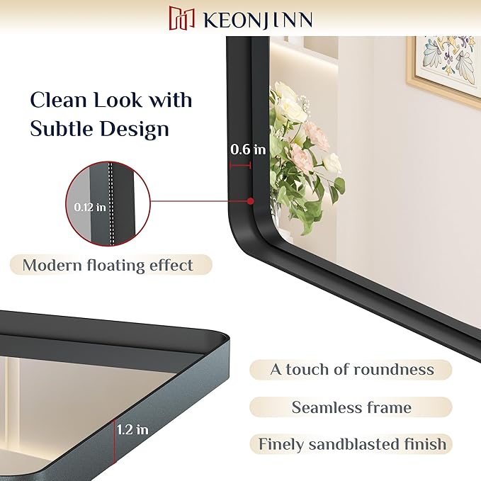Keonjinn Black Mirror for Bathroom Sink 55 x 36 Inch Large Rounded Rectangle Bathroom Vanity Mirror, Matte Black Farmhouse Mirror, Anti-Rust, Shatter-Proof HD Tempered Glass(Horizontal/Vertical)