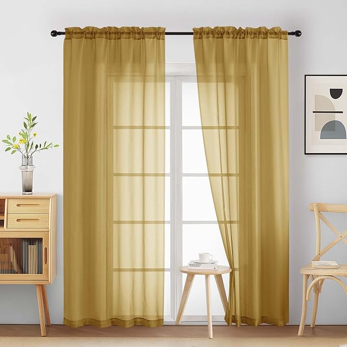Gold Sheer Curtains 84 Inches Long 2 Panels, Elegant Airy Transparent Light by Home