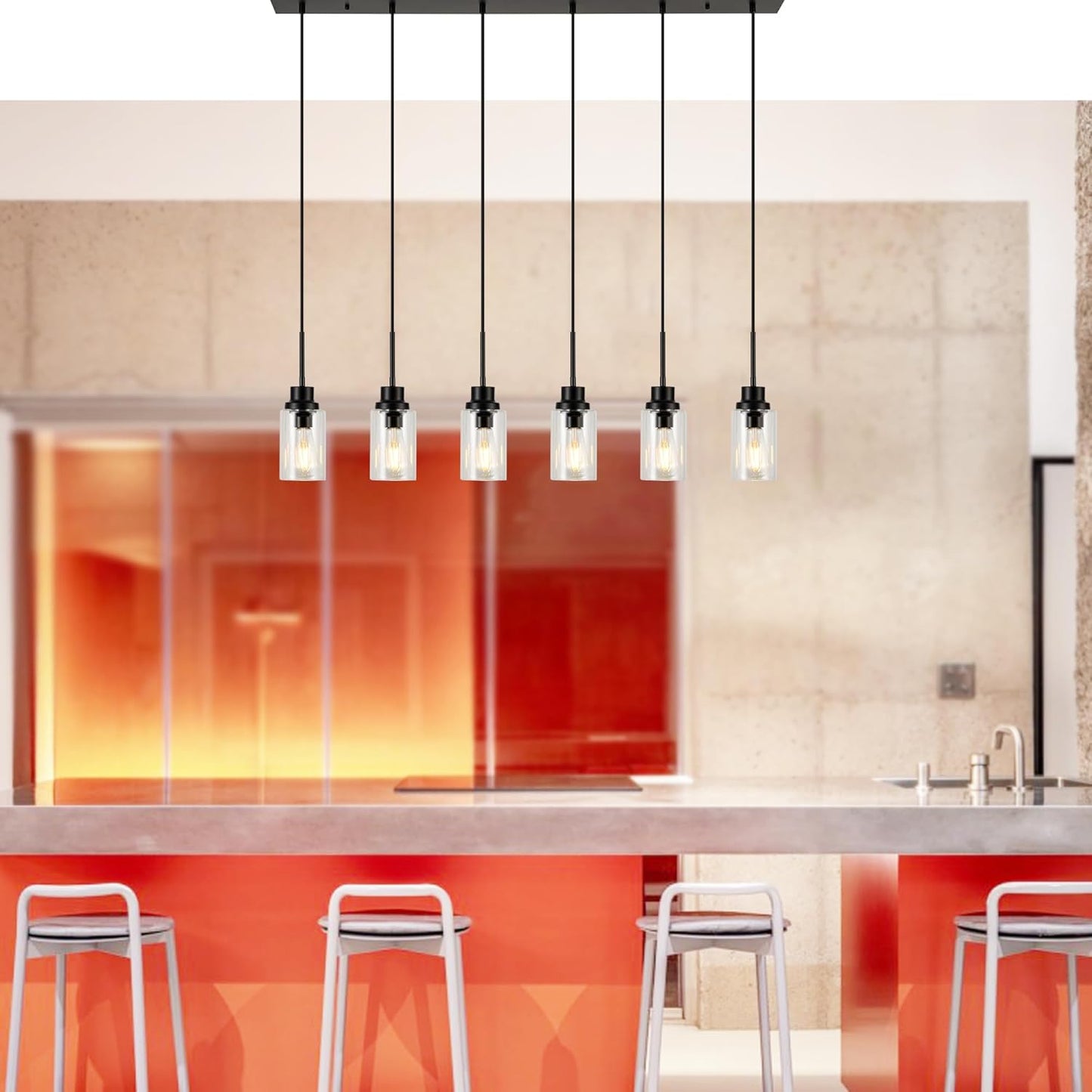 6 Lights Island Lights for Kitchen Modern Industrial Black Linear Chandeliers with Clear Glass Shade for Dining Room Kitchen Long Finish Ceiling Lighting Fixtures