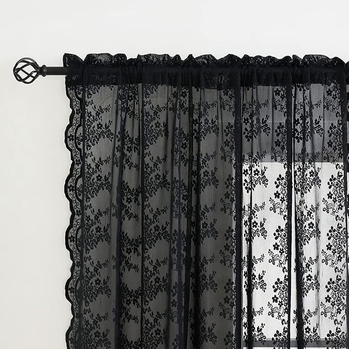 YJ YANJUN Vintage Lace Curtains 84 Inches Long-Victorian Floral Pattern Black - Image 4