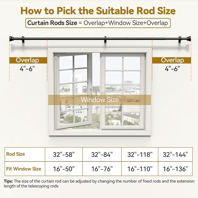 YaFex Curtain Rods 32-58 Inch, Heavy Duty 1 Inch Adjustable Curtain Rod - Image 6