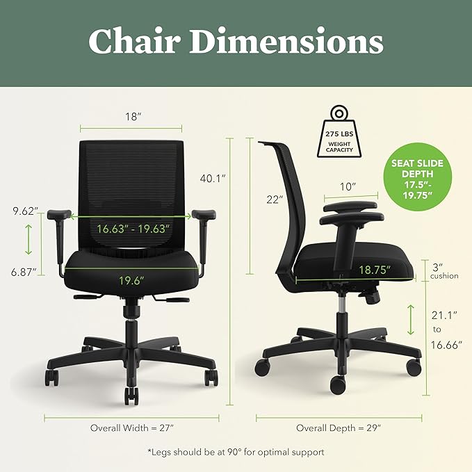 HON Convergence Ergonomic Office Chair, Breathable Back Support Mesh, Adjustable Arms, Computer Chair with Lumbar Support, Rolling Swivel Wheels, Comfortable Synchro-Tilt Recline, Fabric, Bark