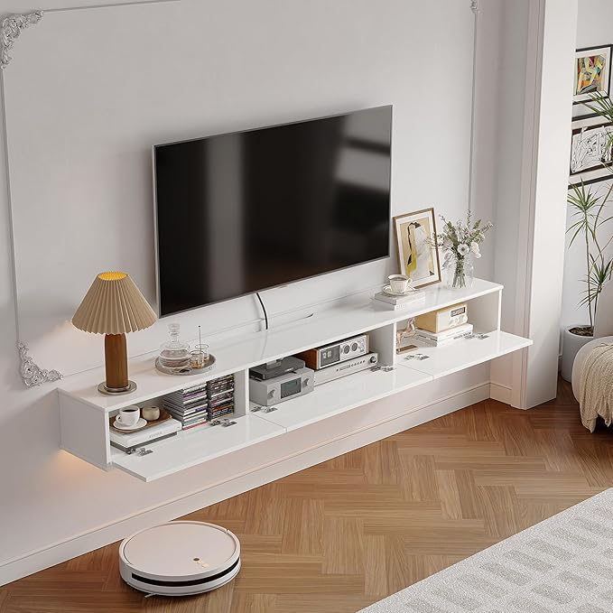 Retro Floating TV Console with 3 Doors,55'' High Gloss Floating TV Stand,Wall Mounted TV Cabinet,Contemporary Floating Media Console for Under TV Storage,Living Room,Bedroom(White)