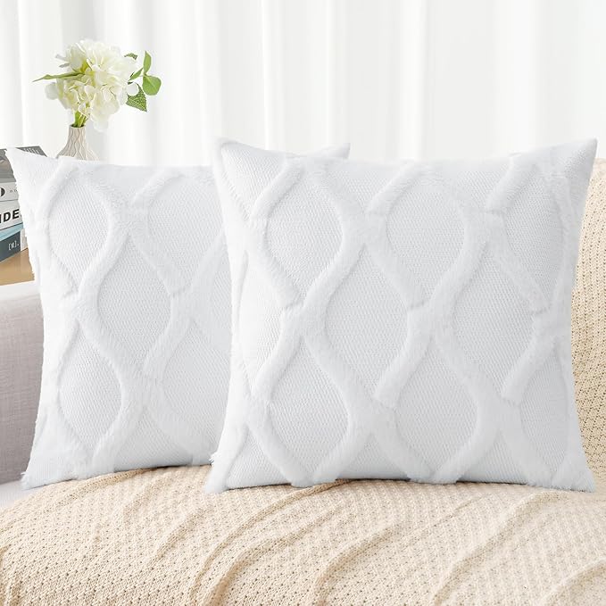 decorUhome Throw Pillow Covers 18x18 Inch Set of 2, Soft Plush Faux Fur Wool Pure White Couch Pillow Covers, Decorative Neutral Pillow Cases for Bed Sofa Living Room Home Decor