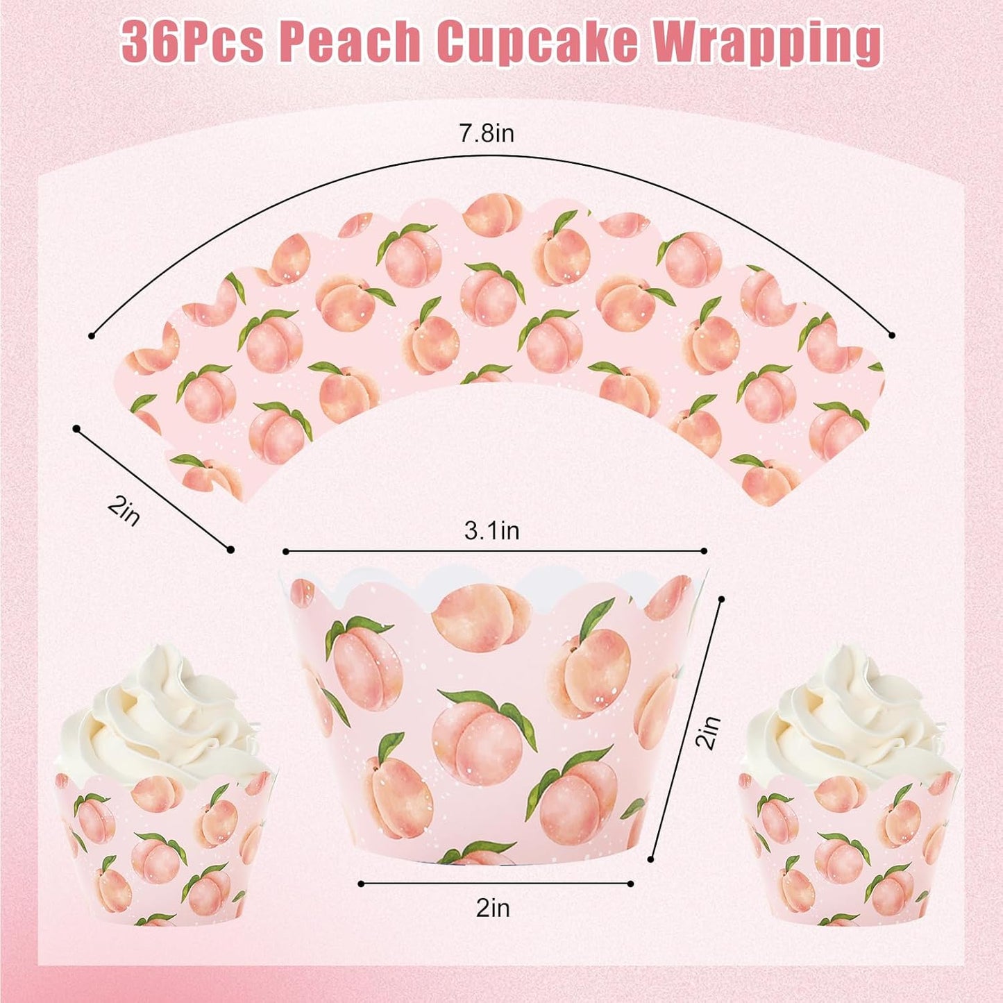 Whaline 36Pcs Peach Cupcake Wrappers Watercolor Pink Peach Cupcake Liners Decorative Cupcake Holders for Summer Baby Shower Party Cake Decoration