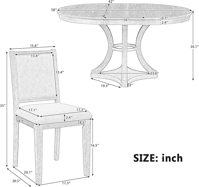 Merax 5-Piece Extendable Round Dining Table Set 42"-58" Retro Functional Table and 4 Upholstered Chairs for Dining Room and Living Room (Natural)