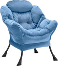 Lazy Chair Thick Padded, Comfy Velvet Accent Lounge Chair with Stable Frame, Leisure Sofa Armchair with Armrests and Side Pocket, Reading Chair for Bedroom, Living Room, Office, Light Blue