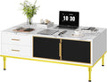 GAOMON Coffee Table for Living Room, Faux Marble Coffee Table with 4 Drawers and Glass Doors Storage, Modern Aesthetic Fluted Panel Design, White & Gold