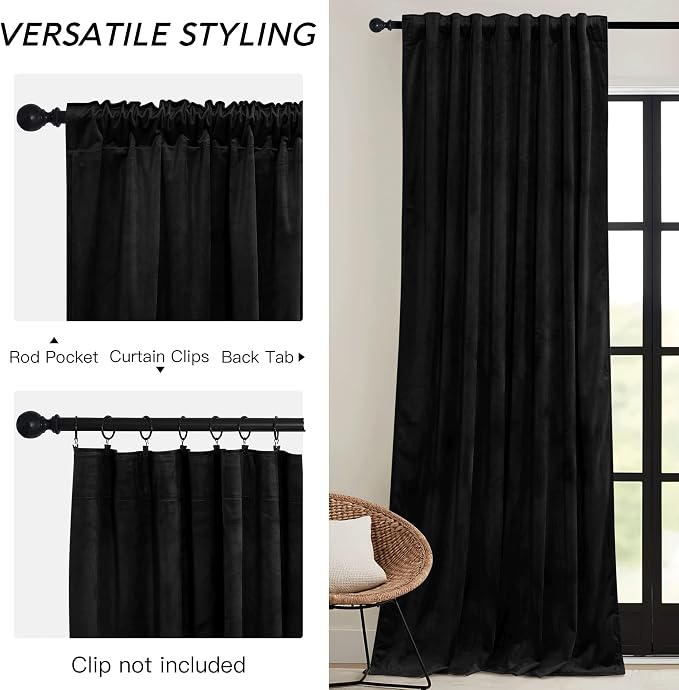 RYB HOME Black Velvet Curtains 72 inches - Image 3