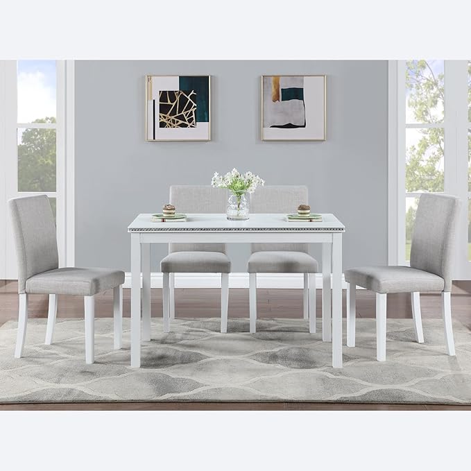 KEIKI 5-Piece Standard Height Dining Table Set with Rectangular Table and 4 Upholstered Chair, for 4 Person, Modern Crystal Decoration Wooden Table Set, Easy Assembly, for Kitchen, Dining Room, White