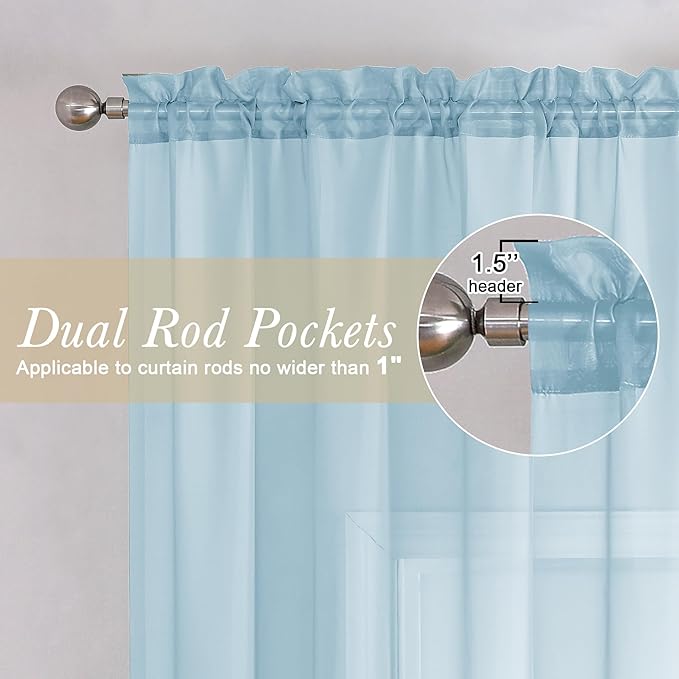 Lecloud Sky Blue Sheer Curtains 72 Inches Length 2 Panels, Lightweight Dual Rod - Image 2