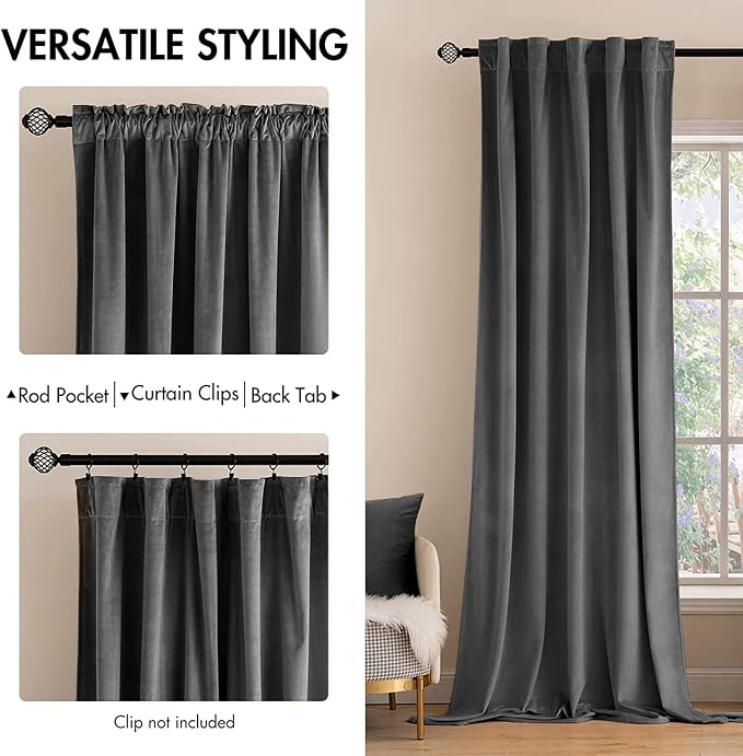 MIULEE Grey Velvet Curtains 90 inches 2 Panels - Image 2