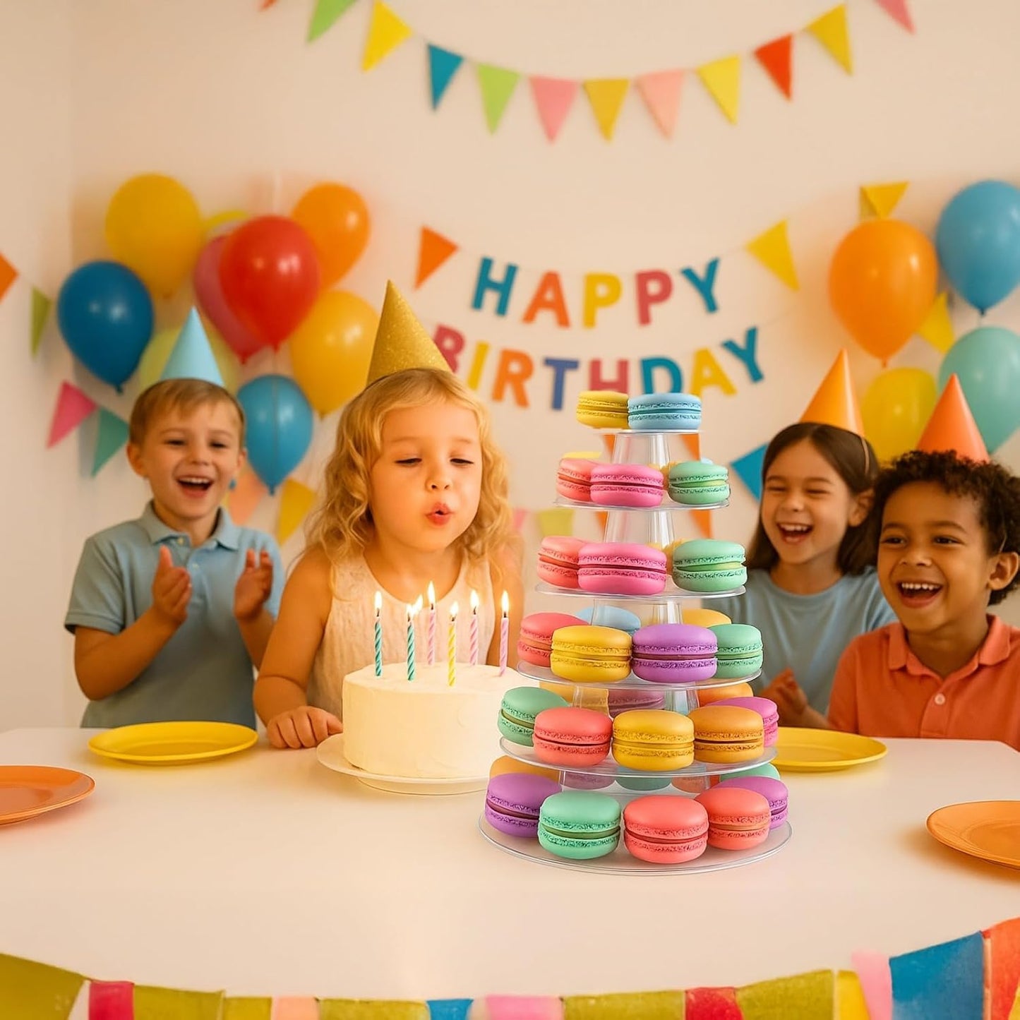 6-Tier Macaron Display Tower, Multi-Functional Cake Stand for Weddings & Parties, Set of 2, Includes Clear Plastic Design, Holds Up to 95 Macarons