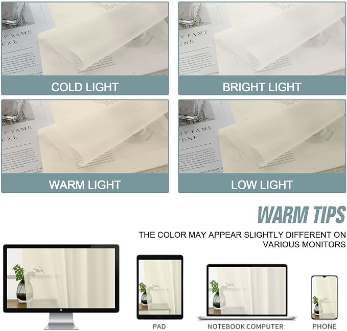 Cream Window Sheer Curtains 45 Inches Length, Voile Short Curtains - Image 6