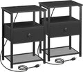 Night Stand Set 2, Black Nightstand with Charging Station, End Tables Living Room with Fabric Drawer for Small Spaces, Side Tables with Storage Shelf for Bedroom, HETS010BK