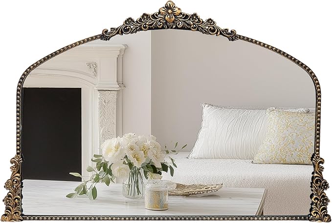 Vintage Arched Mirror, 40"x 30"Antique Baroque Mirror Style Metal Beaded Frame for Entryway Hallway Living Room,Vintage Black