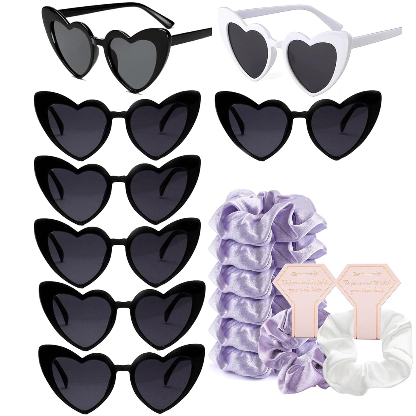1+7 Pack Bachelorette Party Favor Retro Heart Sunglasses and Bridesmaid Scrunchies Set (Purple)