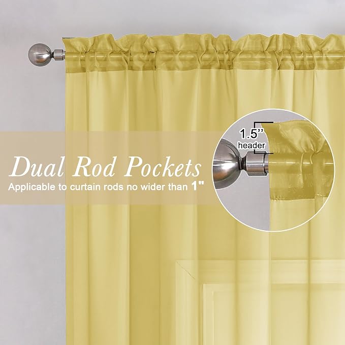 Lecloud Yellow Sheer Curtains 72 Inches Long 2 Panels, Light Filtering Voile - Image 2