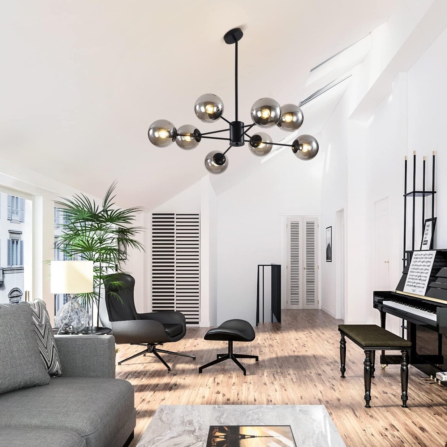 KCO Lighting Modern Glass Globe Sputnik Chandelier 8-Light Mid Century Black Sputnik Chandelier Pendant Light Fixture Farmhouse Industrial Chandelier Light Fixture (Black+Smoke Grey)