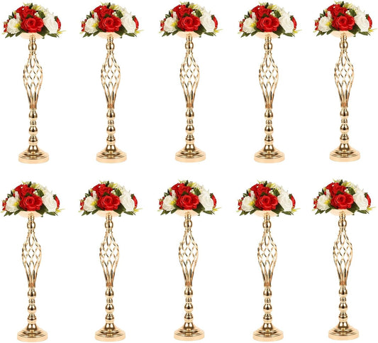 LANLONG 10pcs Metal Gold Candle Holders Road Lead Table Centerpiece Stand Pillar Candlestick for Wedding Candelabra Flowers Vases