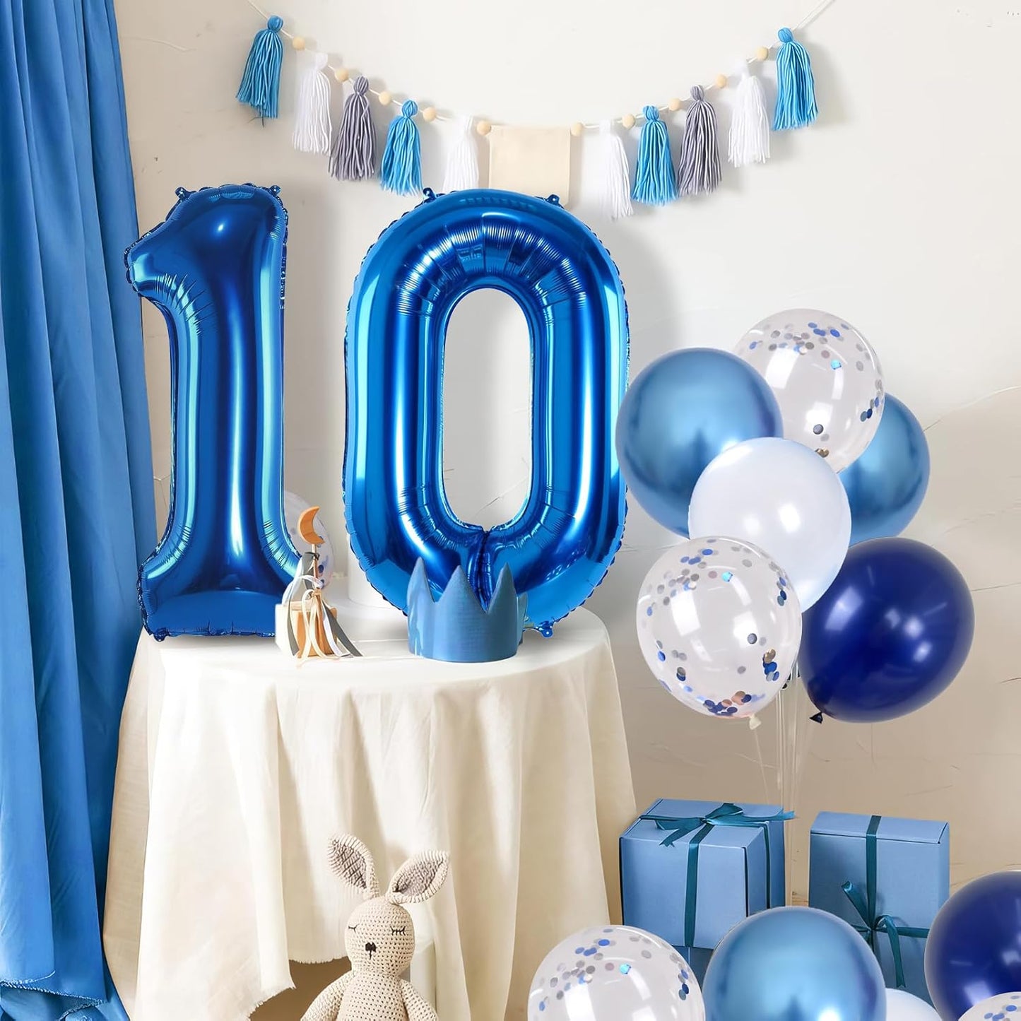 Dark Blue Number 10 Balloon, Large 40 Inch with Metallic Light Navy Blue Silver Confetti, Self Inflating Helium Foil One Balloon for Boys 10th Birthday Party Anniversary Decorations