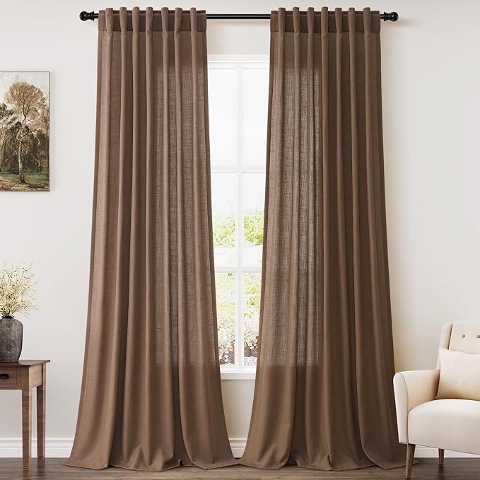 Caramel Brown Linen Curtains for Living Room 95 Inches Long Back Tab and Rod by Nanspring