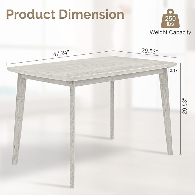 47'' Solid Wood Dining Table for 4-6, Farmhouse Kitchen Table for Kitchen, Dining Room, Restaurant, Natural Eco-Friendly, Washed Gray