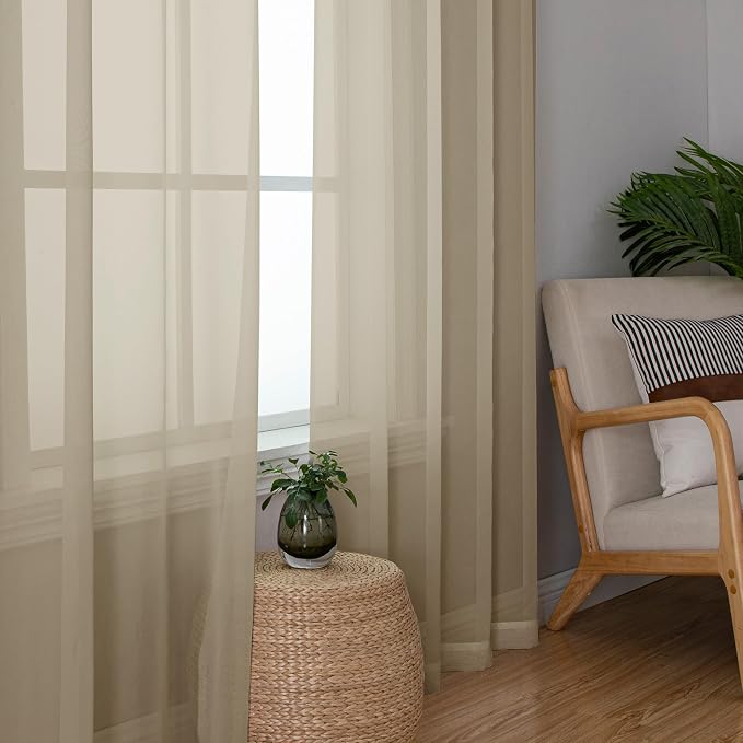 Lecloud Taupe Sheer Curtains 96 Inches Long 2 Panels, Modern Voile Solid - Image 2