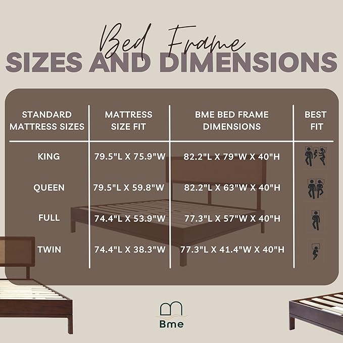 Bme Nipe Queen 14 Inch Bohemian Bed Frame with Adjustable Woven Headboard - Rustic & Vintage Unique Style with Acacia Wood - No Box Spring Needed - Easy Assembly - Walnut