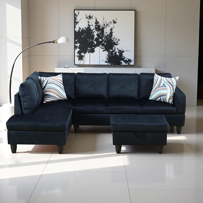 L Shaped Couch Modern Sectional Couch Upholstered Microfiber Fabric 3 Pieces Sofas for Living Room with Chaise, Storage Ottoman for Office and Small Apartment, Midnight Blue
