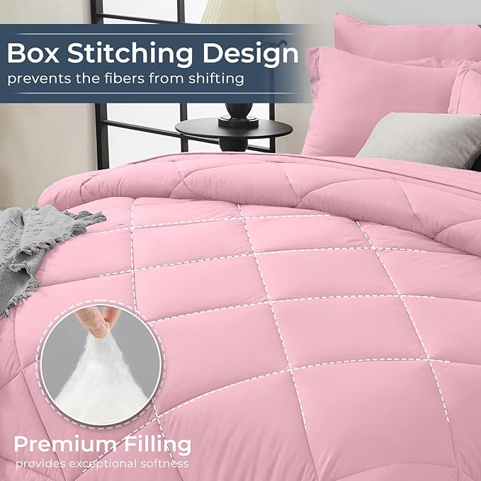 HEVUMYI Pink Full Comforter Set - 7-Piece All Season Bed in a Bag Full, Ultra Soft Bedding Set with Comforter, Flat Sheet, Fitted Sheet, Pillowcases, Pillow Shams, Pink
