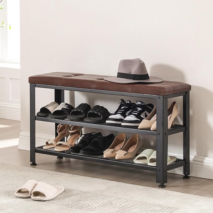 Apicizon 35.5" Shoe Rack Bench, 3-Tier Entryway Bench, with Leather Seat and Metal Frame, Loads 300 lb, Suitable for Living Room, Hallway, Mudroom, Doorway, Rustic Brown