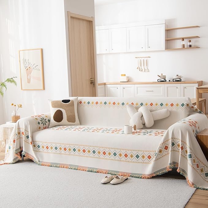 STACYPIK Modern Beige Couch Cover, Boho Jacquard Furniture Protector for 3 Cushion Couch, Reversible Decorative Soft Chenille for Sectional, L Shaped Couch Cover Washable Sofa Throw Cover-71X150IN