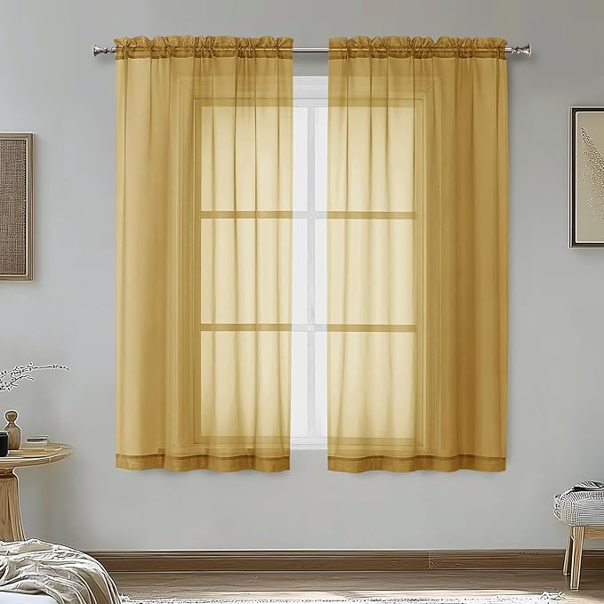 OVZME Gold Sheer Curtains 54 Inches Long 2 Panels by OVZME