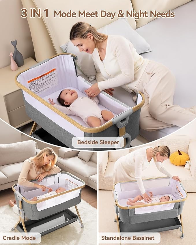 Larex 3 in 1 Baby Bassinet Bedside Sleeper, Breathable Mesh Safe Bedside Bassinet for Baby, Easy Assemble and Folding Portable Bassinet, 5 Height Adjustable Bedside Crib with Storage Basket. (Grey)