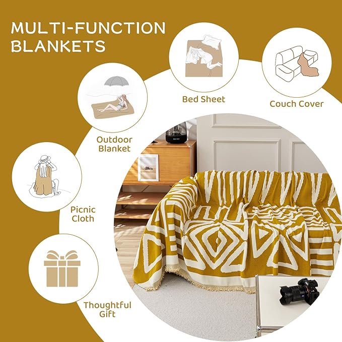 STACYPIK Boho Chenille Couch Cover, Ginger Yellow Sofa Cover for 3 Cushion Couch, Anti Slip L Shaped Couch Protector, Washable Loveseat Cover Pet Friendly, Multi-Use Jacquard Throw Cover-71X150IN