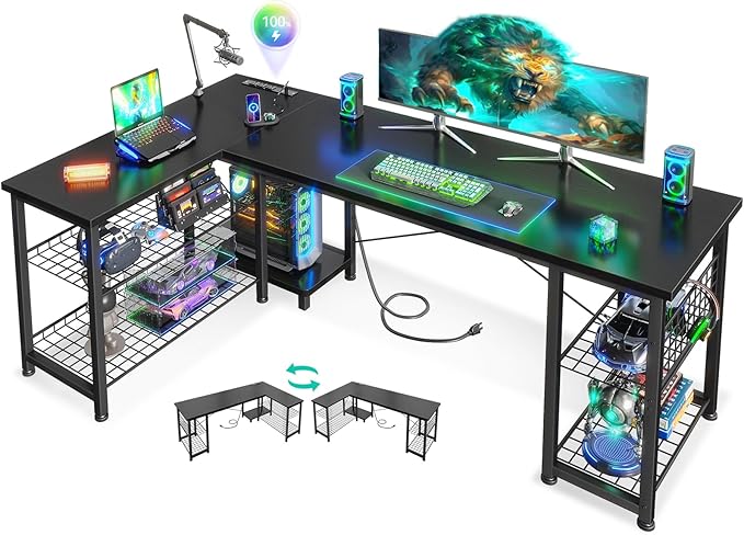 Casaottima 59 Inch L Shaped Gaming Desk with Shelves & Power Outlets, Reversible Computer Desk with Storage Shelves for Home Office, Black