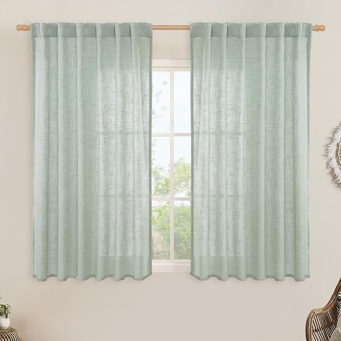 LAMIT Semi Sheer Linen Curtains 54 Inch Length 2 Panels, Light Sage Light by LAMIT