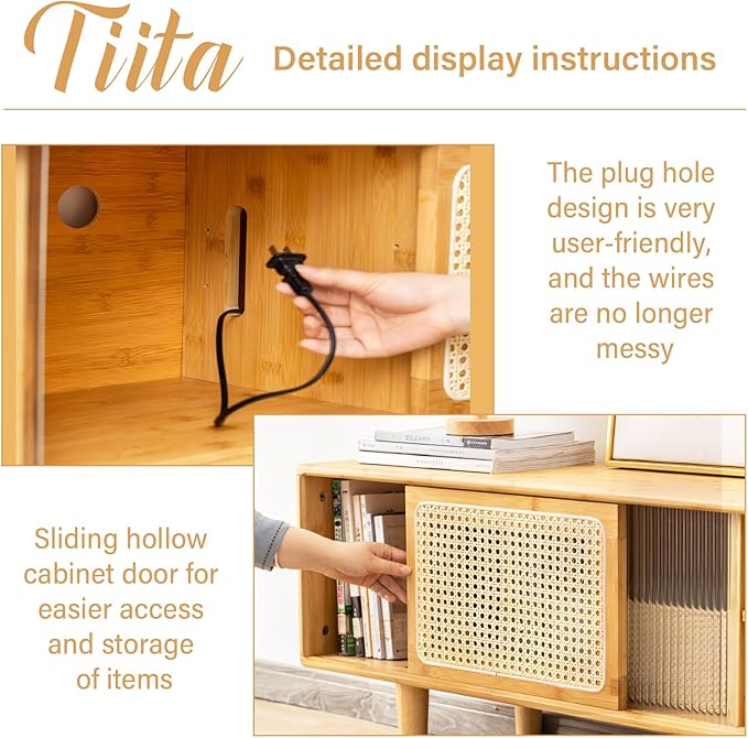 Tiita Rattan TV Stand for 55 65 Inch TV, Bamboo TV Cabinet with 2 Drawers, Boho Entertainment Center with Adjustable Shelf, Mid Century Modern Media Console for Bedroom, Living Room, Walnut
