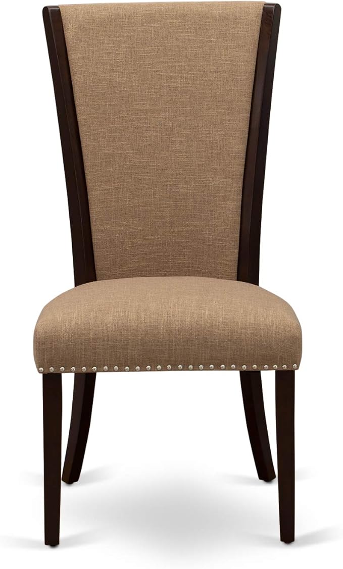 East West Furniture ANVE5-MAH-47 5 Piece Kitchen Table & Chairs Set Includes a Round Dining Room Table with Pedestal and 4 Light Sable Linen Fabric Parsons Chairs, 36x36 Inch, Linen White