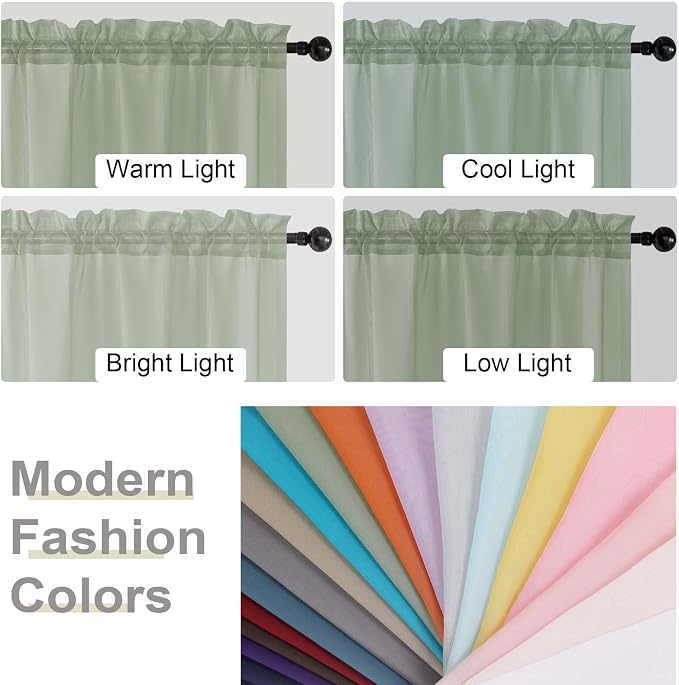 Kitchen Curtains 24 Inch Length Tier 2 Pieces, Sage Green Sheer Curtain Solid - Image 5