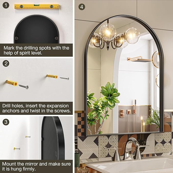 Brightify Arched Mirror, Arched Wall Mirror, 20 x 30 Inch Black Arch Mirror, Metal Frame Black Bathroom Mirror, Arched Top Bathroom Vanity Mirror for Living Room Bedroom Mantel Entryway Hallways