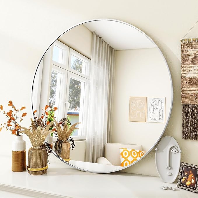 Silver Round Bathroom Mirror, 30 inch Circle Wall Mounted Hanging Mirror with Simple Modern Circular Metal Frame for Hallway, Entryway, Living Room, Silver Frame