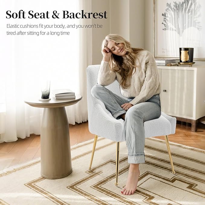 Modern Velvet Dining Chairs Set of 4, Contemporary Upholstered Furniture Collection with Polished Gold Metal Legs, Elegant Accent Chairs for Kitchen Living Room(Teddy Fleece,White)