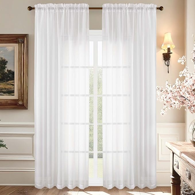 Aiyufeng White Sheer Curtains 90 Inches Long, Light Filtering Rod Pocket Solid by Aiyufeng