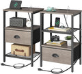 Nightstands Set of 2, Night Stands with Charging Station and Fabric Drawer, Grey Bedside Tables with Drawer, 2- Tier Side Table with Storage, Nightstands with Charging Station,Grey