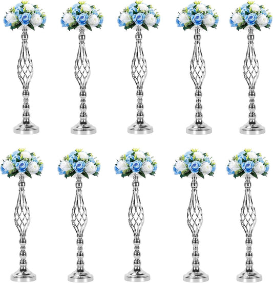 LANLONG 10pcs Metal Silver Candle Holders Road Lead Table Centerpiece Stand Pillar Candlestick for Wedding Candelabra Flowers Vases