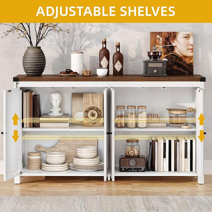 DWVO 55'' Sideboard Buffet Cabinet with Storage, Farmhouse Kitchen Storage Cabinet with 4 Doors, Coffee Bar Cabinets with Adjustable Shelves for Kitchen, Living Room, White&Brown