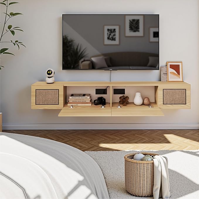 Pmnianhua Boho Floating TV Stand 55", Modern Wall Mounted Media Console with Cotton-Rayon Doors for Under TV Shelf,Entertainment Center,Living Room,Bedroom(Natural)